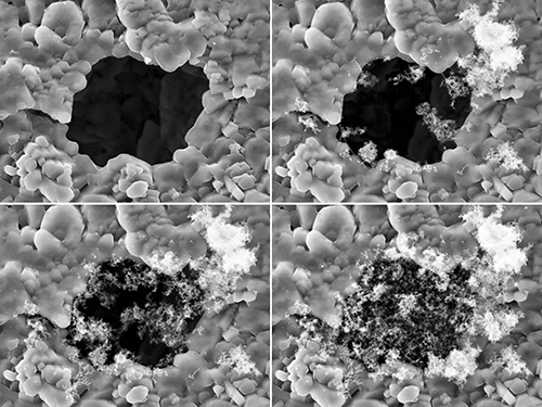 SEM Image Sequence of a 13 Micron Cordierite DPF Pore Loaded with Diesel Particles